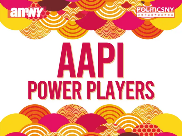 Graphic for AMNY's AAPI Power Players with red, orange, and yellow half circle designs