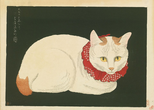 Japanese wood block print of white cat with red collar on olive background