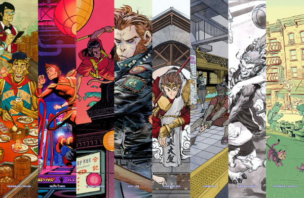 Collage of 8 artist renditions of the Monkey King