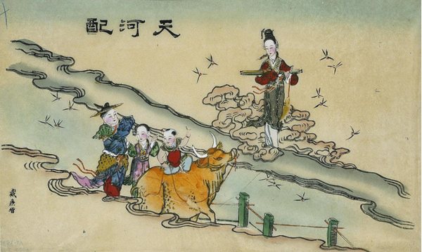 Painting depicting the Chinese myth of the cowherd and weaver maiden during the Qixi Festival