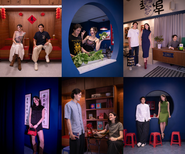 A man and woman fashionable clothing in various shots against blue, wood, and taupe backgrounds