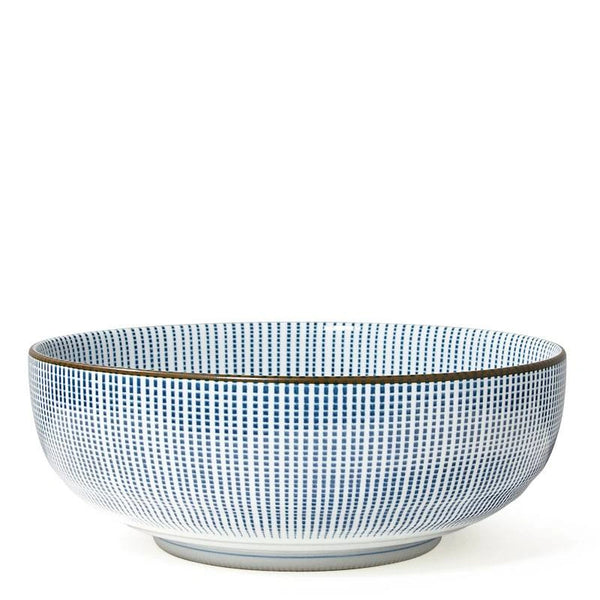 A wide ceramic bowl with a blue and white checkered grid pattern and a thin dark rim, shown against a plain white background.