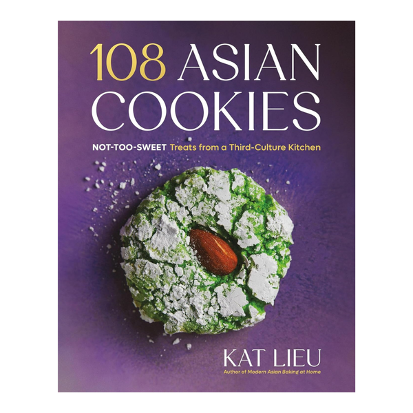 Book cover of '108 Asian Cookies' by Kat Lieu with a green cookie on a purple background.