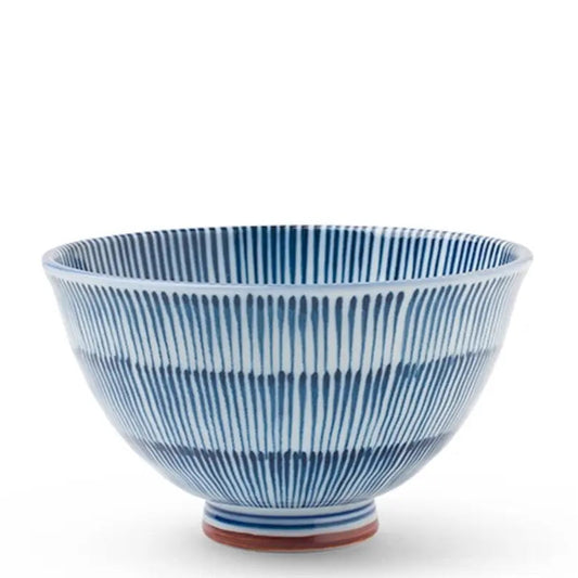 A ceramic bowl with a blue and white striped ribbed pattern and a small reddish-brown base, shown on a clean white background.