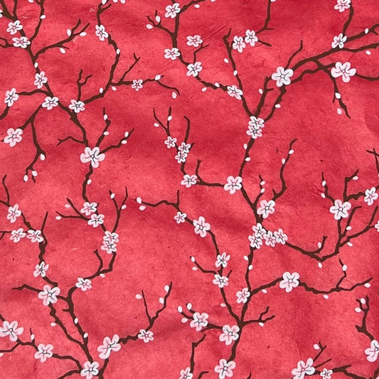 Handmade Nepal silkscreen paper: Peach Blossoms in red