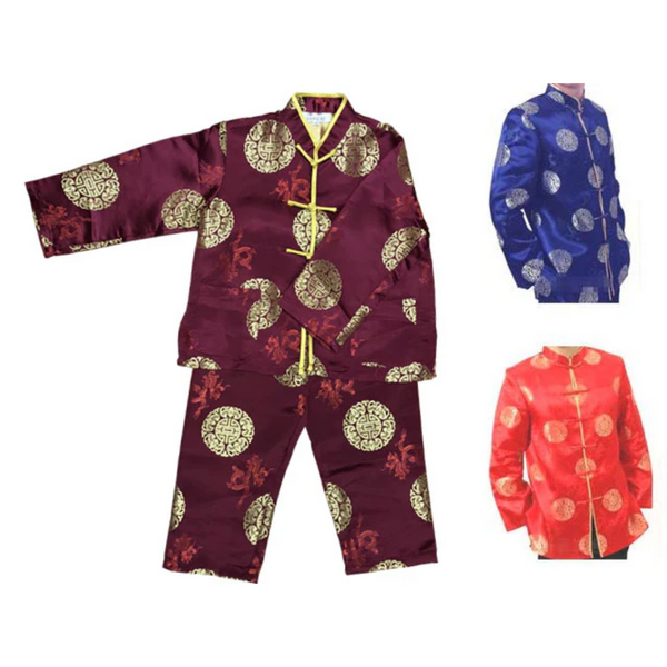 Boys Long Sleeve Rayon Brocade Outfit in burgundy, blue, and red