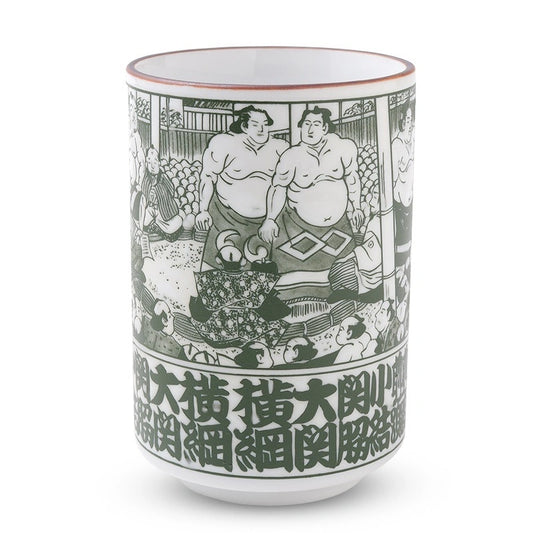 A white ceramic sake cup featuring a detailed green and black illustration of sumo wrestlers, with bold green kanji characters printed along the bottom, set against a plain white background.