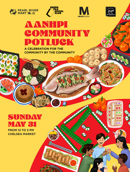 Promotional poster for Community Potluck event with food illustrations and people at a table.