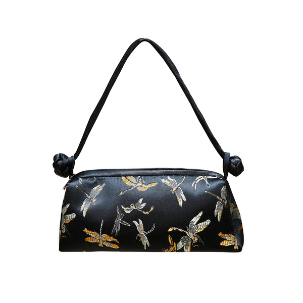 Brocade Mini Shoulder Bag with Dragonfly Design - Onyx
