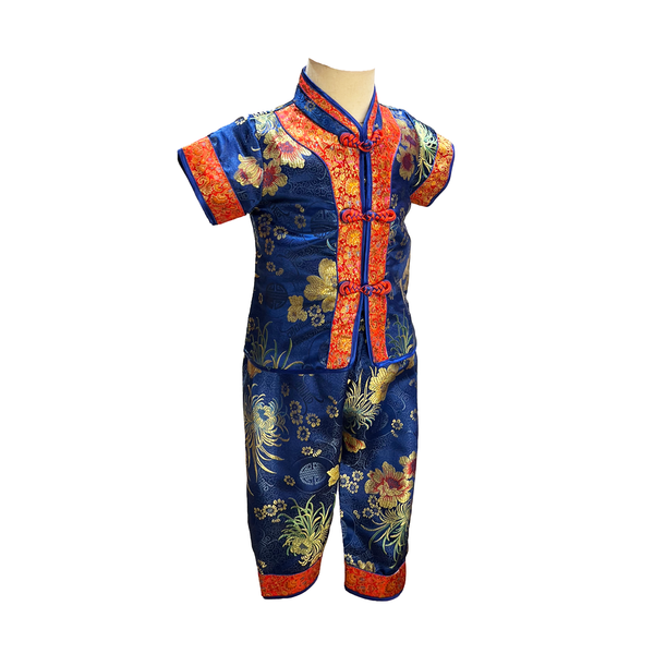 Traditional kids outfit in blue with red trim and gold flowers on mannequin