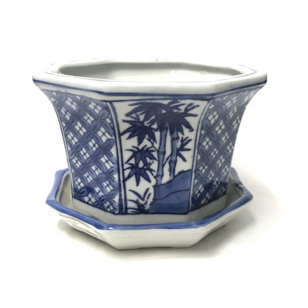 Blue on white ceramic planter with bamboo design