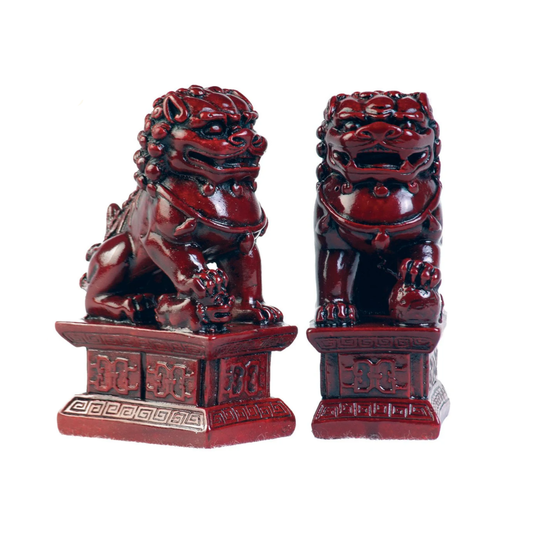 Resin Foo-Lion Statue Set (Designed Base) - Mahogany