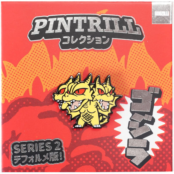 Pintrill dragon-shaped pin on a red and orange background with branding and text.