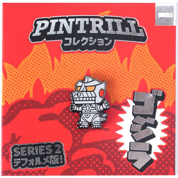 Pintrill collectible pin on a red and orange background with brand name and series information.