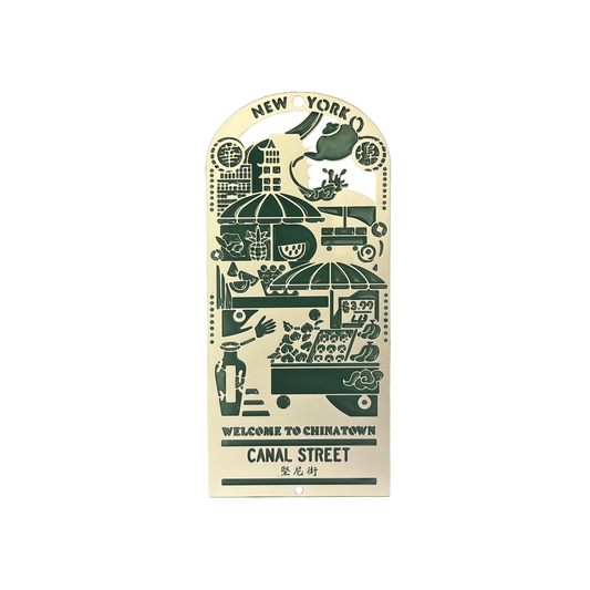 Decorative bookmark with illustrations and text about Chinatown in New York on a beige background