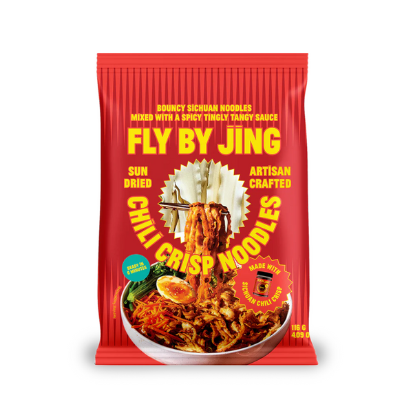 Red package of Fly By Jing chili crisp noodles with yellow text on a white background