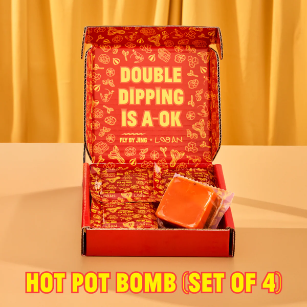 Red box with 'Double Dipping is a OK' text containing hot pot bombs on a beige background