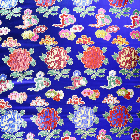 Colorful Peony Brocade Fabric - Cobalt Blue