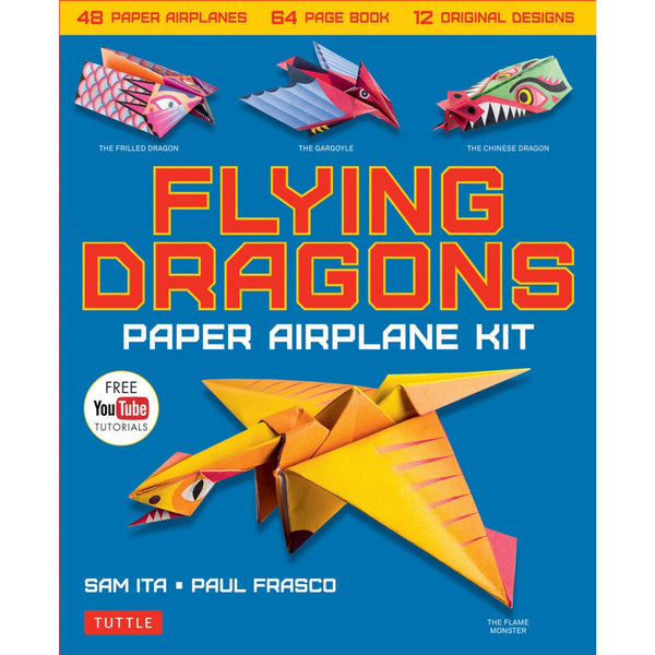 Front cover of 'Flying Dragons Paper Airplane Kit' with colorful dragon designs and Tuttle logo.
