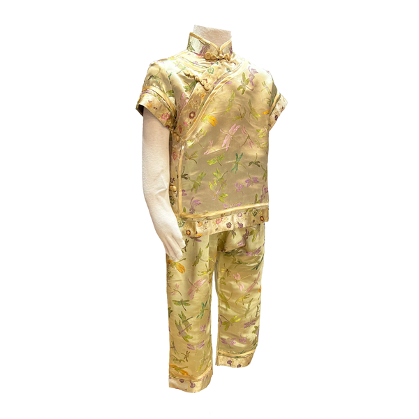 Traditional kids outfit in gold with multicolor dragonflies on white mannequin