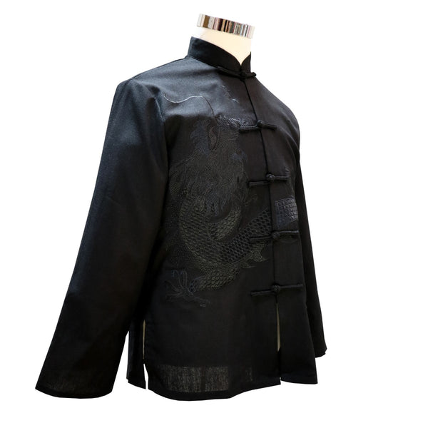 Embroidered Dragon Design Mandarin Collar Jacket - Cotton Twill in Black