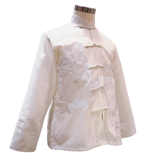 Embroidered Dragon Design Mandarin Collar Jacket - Cotton Twill in White