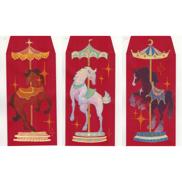 Three red envelopes with carousel horse designs on a white background