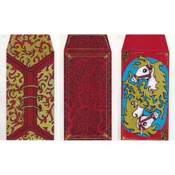Three red envelopes with gold and blue designs on a white background