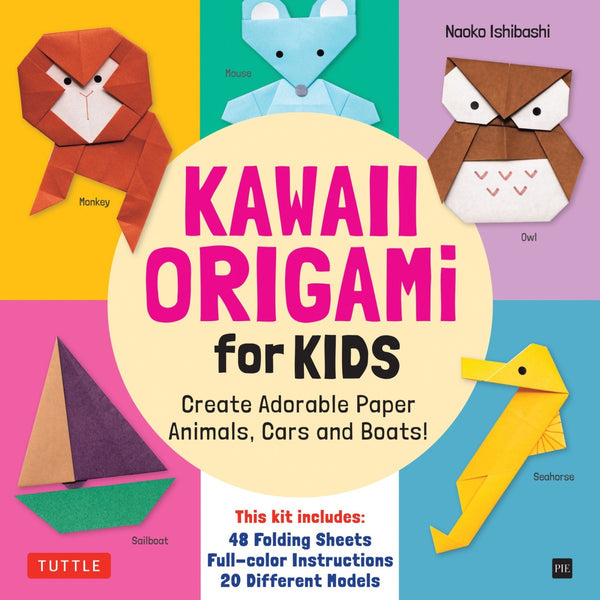 Book cover of 'Kawaii Origami for Kids' with colorful origami animals and text.