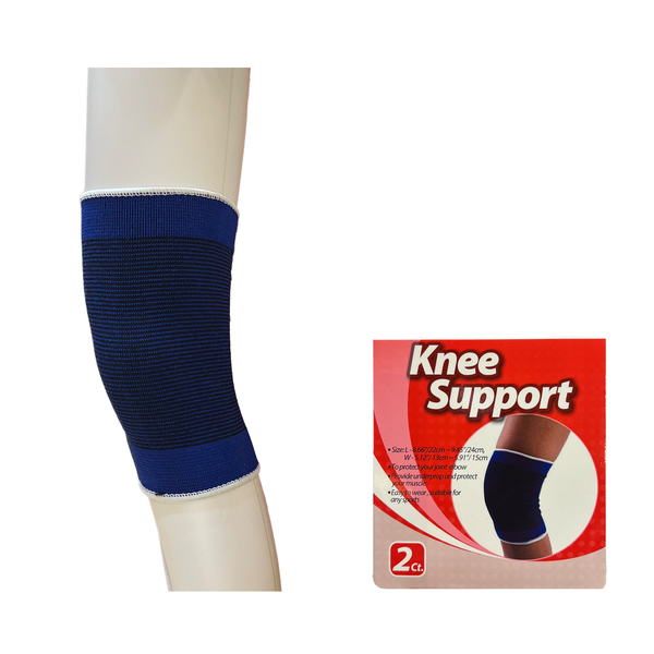 Navy knee support on a leg with a matching knee support packaging.