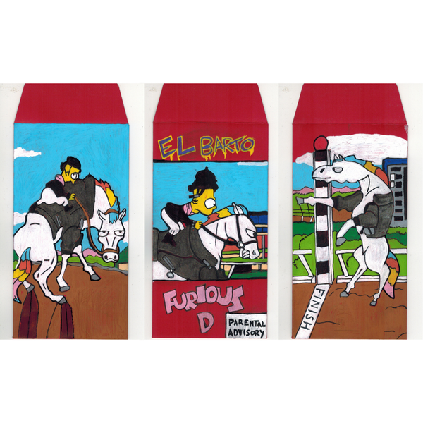 Three colorful envelopes featuring cartoon characters on horses with 'El Barto' and 'Furious D' text.