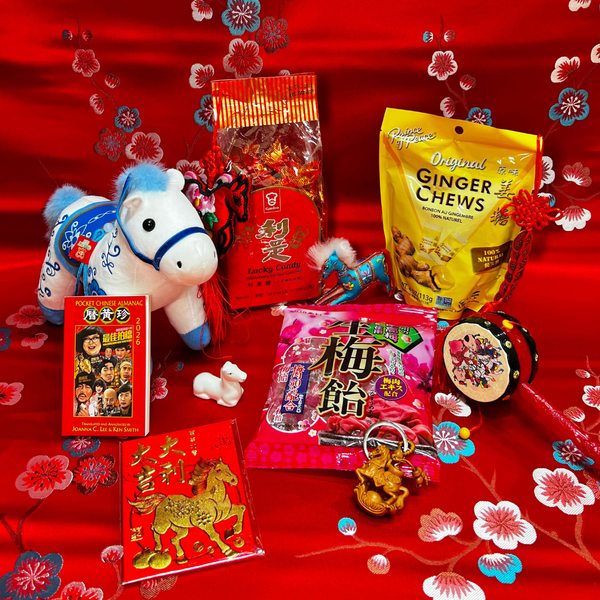 Assorted Chinese New Year treats and decorations on a red background with floral patterns.