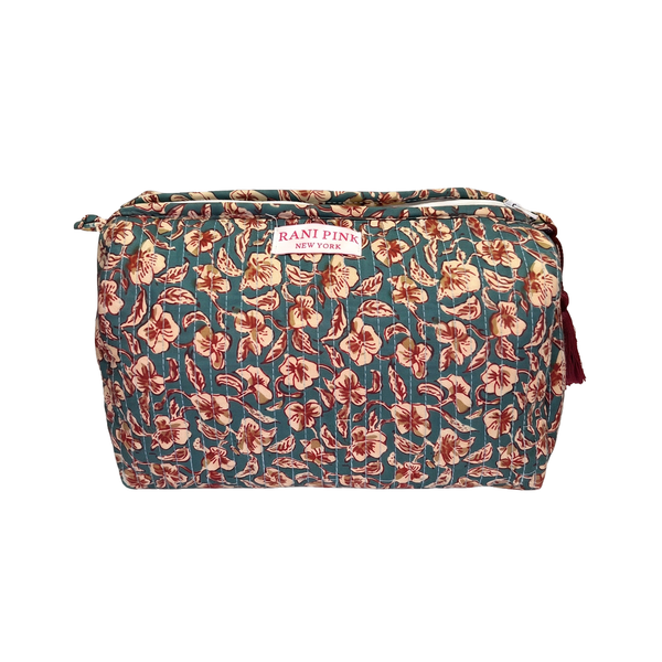 Teal bag with burgundy flowers and Rani Pink label on white background