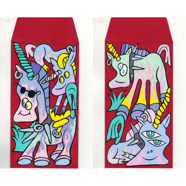 Two colorful unicorn designs on red envelopes with a white background