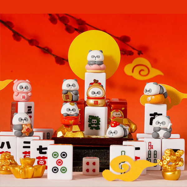 Decorative set of small figurines on a red background