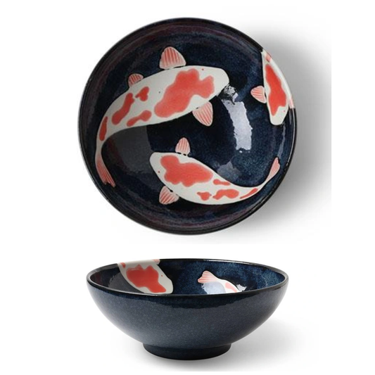 Ceramic bowl with Koi fish design on a white background