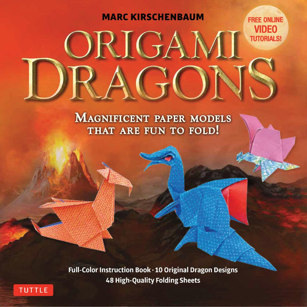 Front cover of 'Origami Dragons' with origami dragons and mountain landscape.