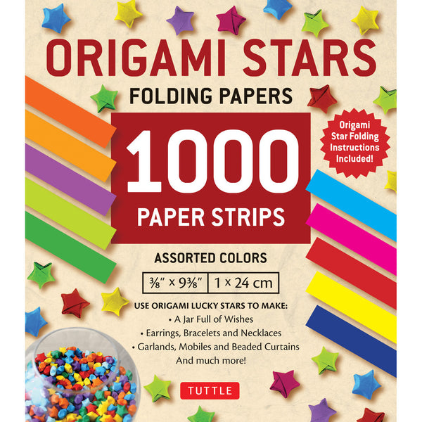 Origami stars folding papers with colorful strips and star decorations on a beige background.