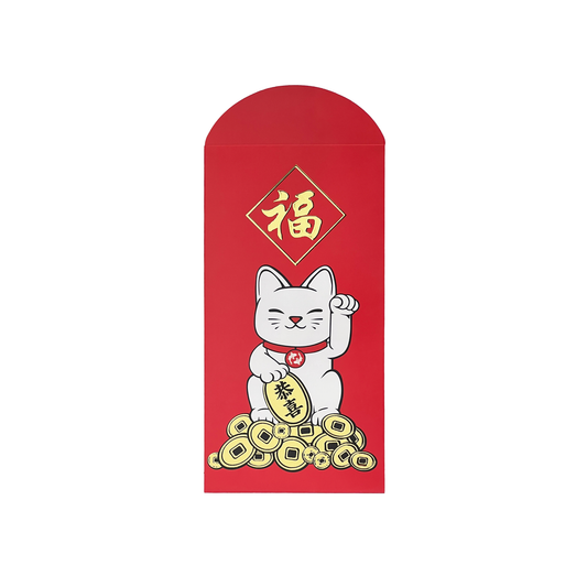 Red envelope with a white cat holding money and Chinese characters on a white background