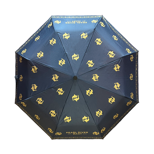 Navy blue umbrella with yellow double fish patterns on a white background