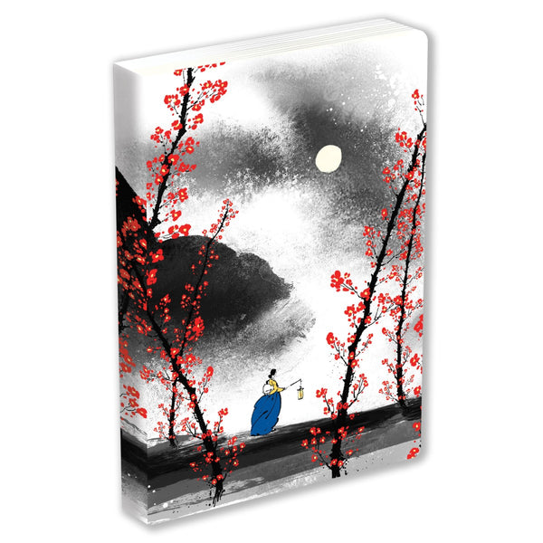 Notebook with cherry blossom design featuring a person under a moonlit sky.