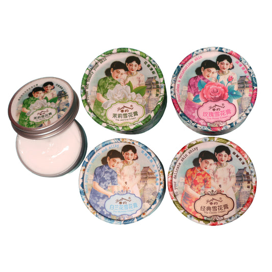 Four soapmeet facial creams: Classic, Jasmine, Michelia, and rose. An extra jasmine cream that's opened and is next to them .