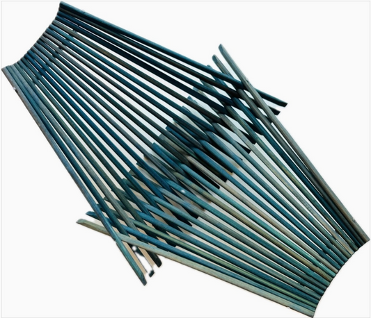 Folding bowl made with 20 pairs of upcycled chopsticks, weathered blue color