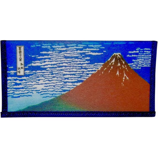A rectangular wallet featuring a Japanese-style print of Mount Fuji, with a blue sky, white clouds, and a reddish-brown mountain, bordered by dark blue stitching.
