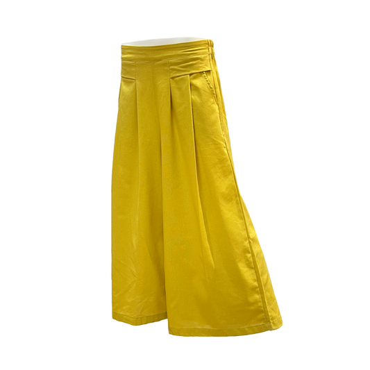 Mustard yellow wide-leg pants on a white background