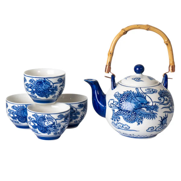 Blue and Whtie Ryu Dragon Tea Set - Round shaped teapot