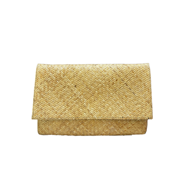 Woven rattan clutch on a white background
