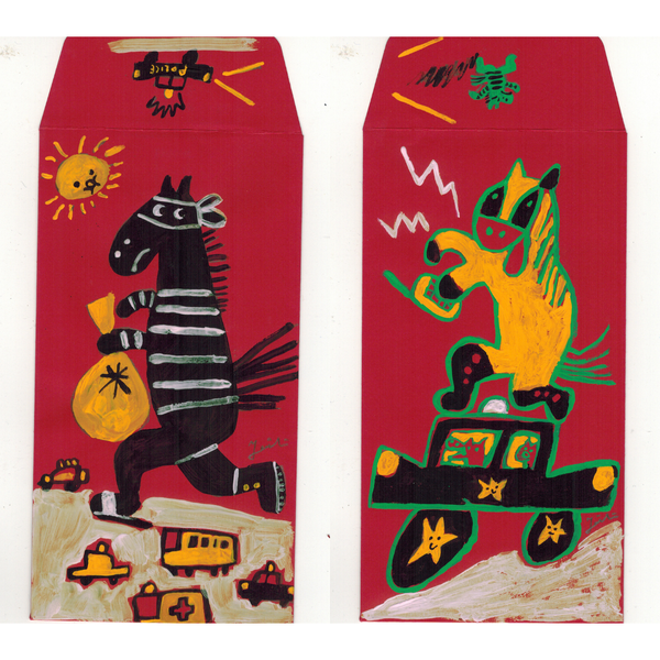 Two red envelopes with colorful animal illustrations on a white background