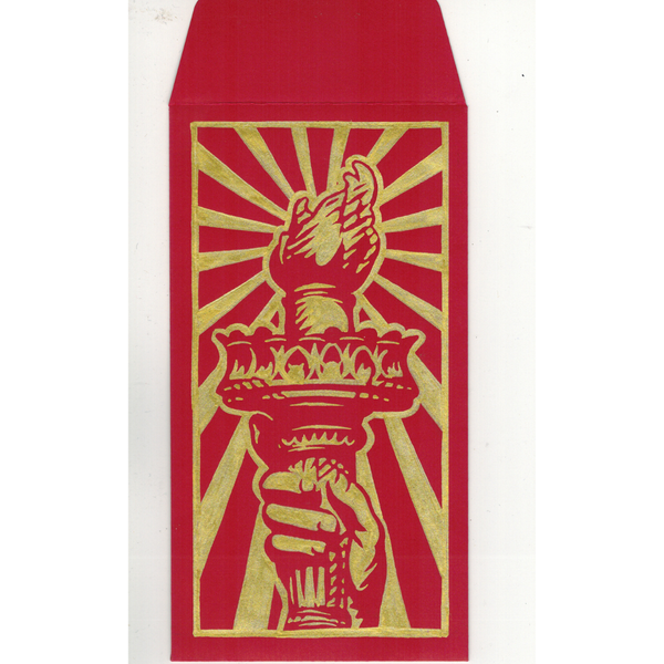 Red envelope with gold design of a hand holding a candle on a white background