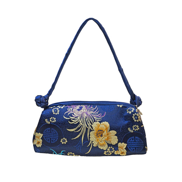 Brocade Mini Handbag with Floral and Longevity Design - Blue